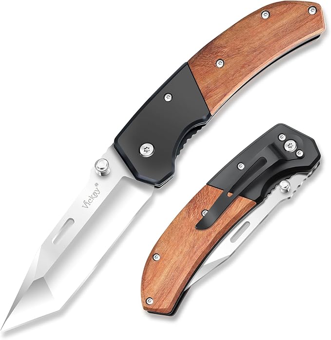 Vickay Pocket Knife, Folding Knife with Clip - 3.54??Tanto Blade, Wood Handle EDC Knife for Men & Women, Outdoor Camping, Tactical, Hiking, Survival - Father?™s Day Gift (Satin Silver)