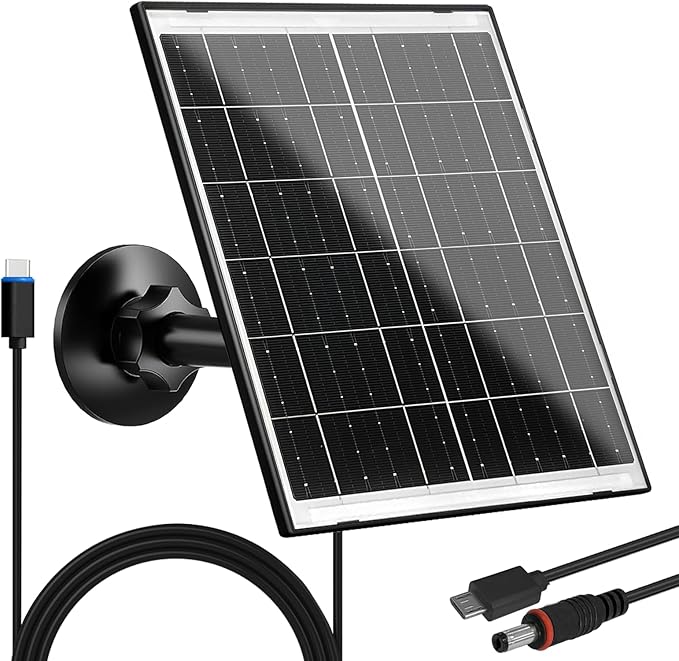 Zivif Solar Panel for Security Camera, 10W Solar Charger Compatible with Battery-Powered Camera, USB-C, Micro USB & DC 5.5x2.1mm Port, 360° Adjustable Mount, 7.2ft Cable
