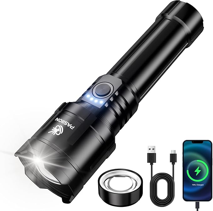 Rechargeable Flashlights High Lumens with Ignition Lens,2000 lumens LED Super Bright Zoomable FlashLight with 5 Mode, IPX6 Waterproof Powerful Tactical Flash light for Home,Gift,Outdoor and Emergency