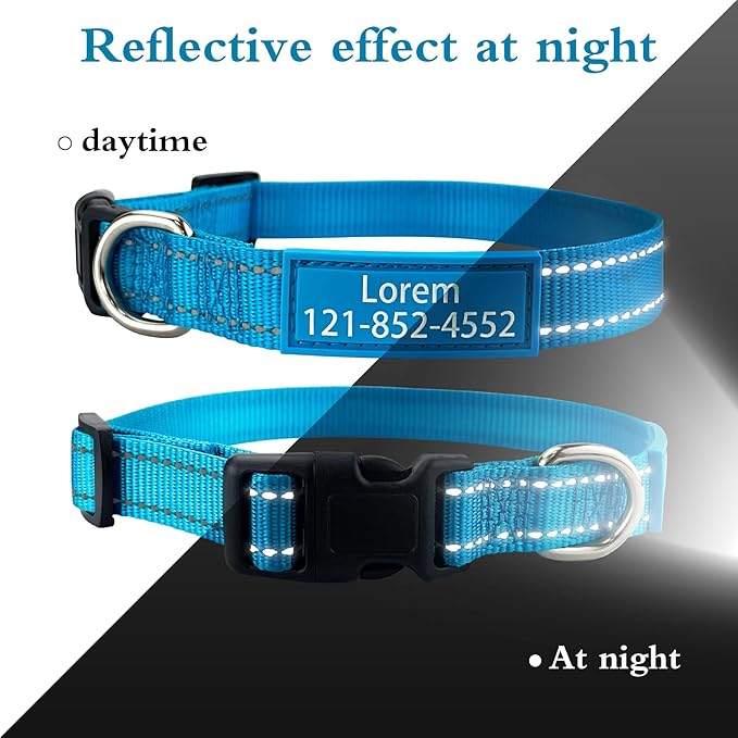 Personalized Dog Collar, Custom ID Collar Reflective Nylon Collar with Pet Name and Phone Number 4 Adjustable Sizes X-Small Small Medium Large Quick Release Buckle and D-Ring (Solid)