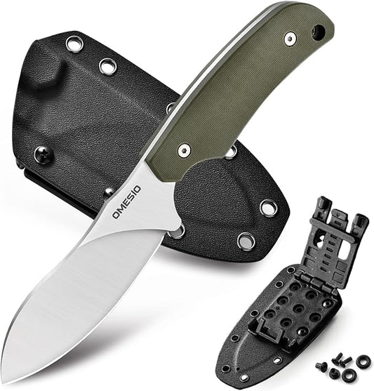 Omesio Hunting Knife with Kydex Sheath, 8.86" Full Tang Fixed Blade Non-Slip G10 Handle, Nessmuk D2 Steel Survival Camping Outdoor Knife, Perfect Gifts for Men