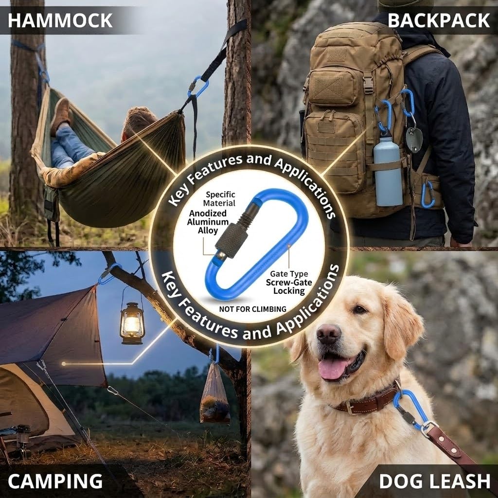 10 Pack Aluminum D Ring Key Rings Hiking Clips Locking Carabiner for Hiking Camping Fishing and