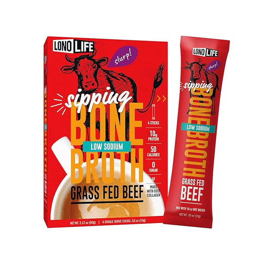 LonoLife Low Sodium Beef Bone Broth Powder Mix | Grass-Fed, 10g Protein | Collagen-Rich, Keto & Paleo Friendly | Natural Ingredients | 4 Portable Stick Pack Servings