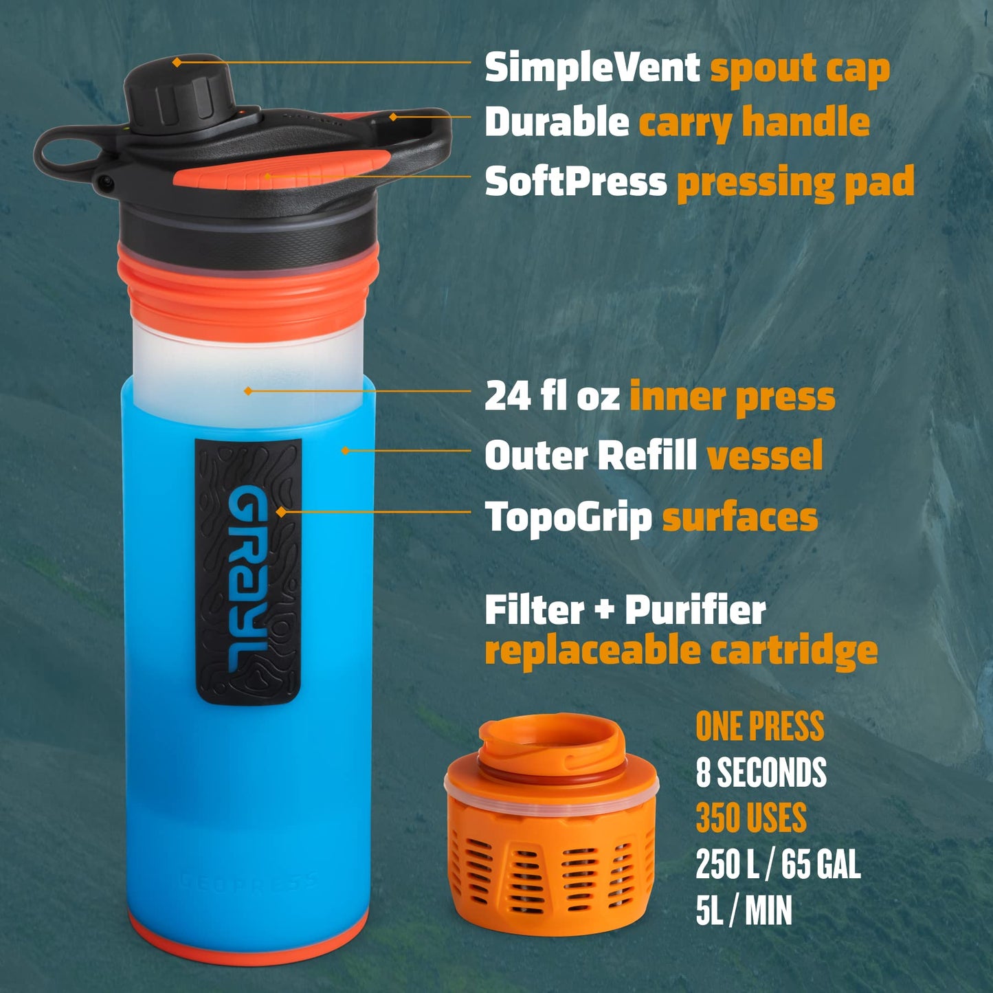 GRAYL GeoPress 24 oz Water Purifier & Water Filter Bottle, Bali Blue