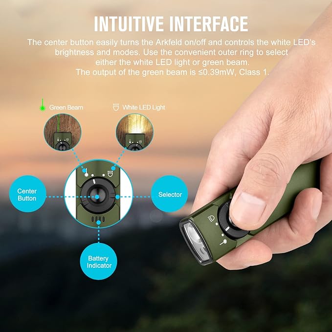 OLIGHT Arkfeld EDC Flat Flashlight, 1000 Lumens White LED Light with Green Beam Combo, Power by Rechargeable Built-in Battery for Outdoors, Emergency, Work (OD Green CW)
