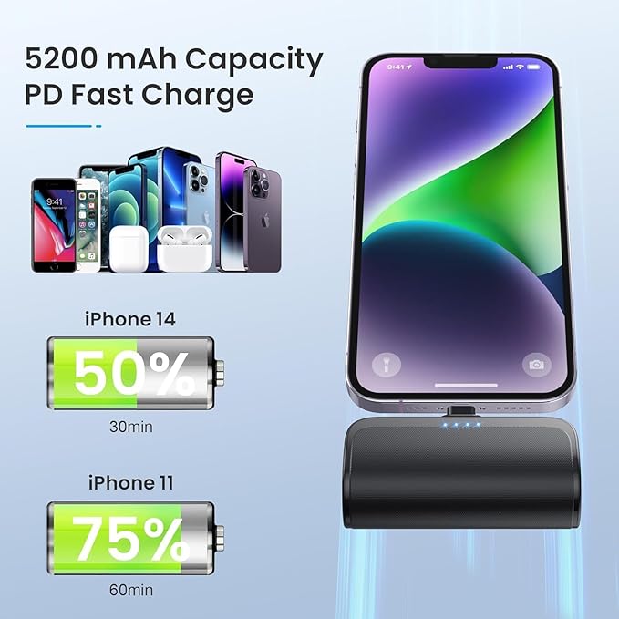[2 Pack]Mini Portable Charger for iPhone,5200mAh Ultra-Compact Fast Charging Power Bank Cordless Cute Small Battery Pack Compatible with iPhone 14/14 Pro Max/13/13 Pro/12/11/XR/8/7/6(Black+Black)
