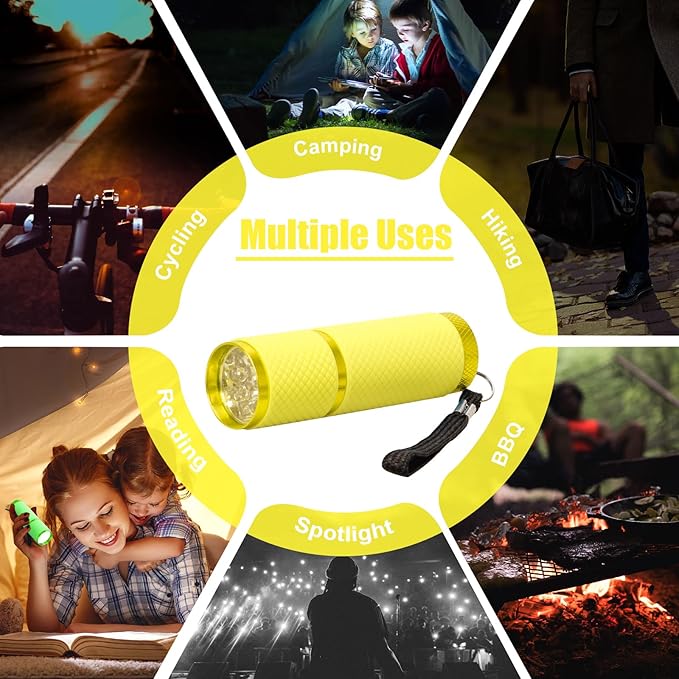 AHIER 9 LED Glow in The Dark Flashlights, Rubber Coated Small Flashlights with Straps, Portable Handy Mini Flashlight for Camping, Hiking, Indoor, Assorted Colors (Yellow)