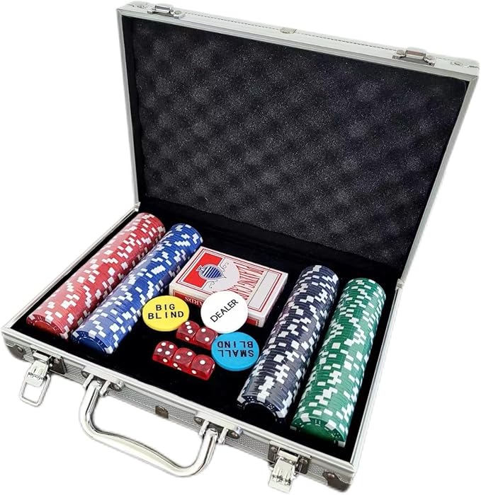 Non-Denominated Poker Chips, 200 11.5 Gram Counterweight Digital Casino Chip Set, 5 Dice, 2 Decks of Playing Cards, Comes in Compact Aluminum Case, for Texas Hold'em and Blackjack, Ages 8 and Up