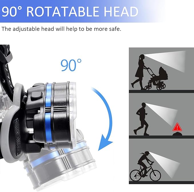 Rechargeable Headlamp, 8 LED 18000 Lumen Super Bright Waterproof Headlight with Red Lights, 8 Light Modes Head Lamp for Emergency Light Outdoors Fishing Hiking Camping Running (1, Black)