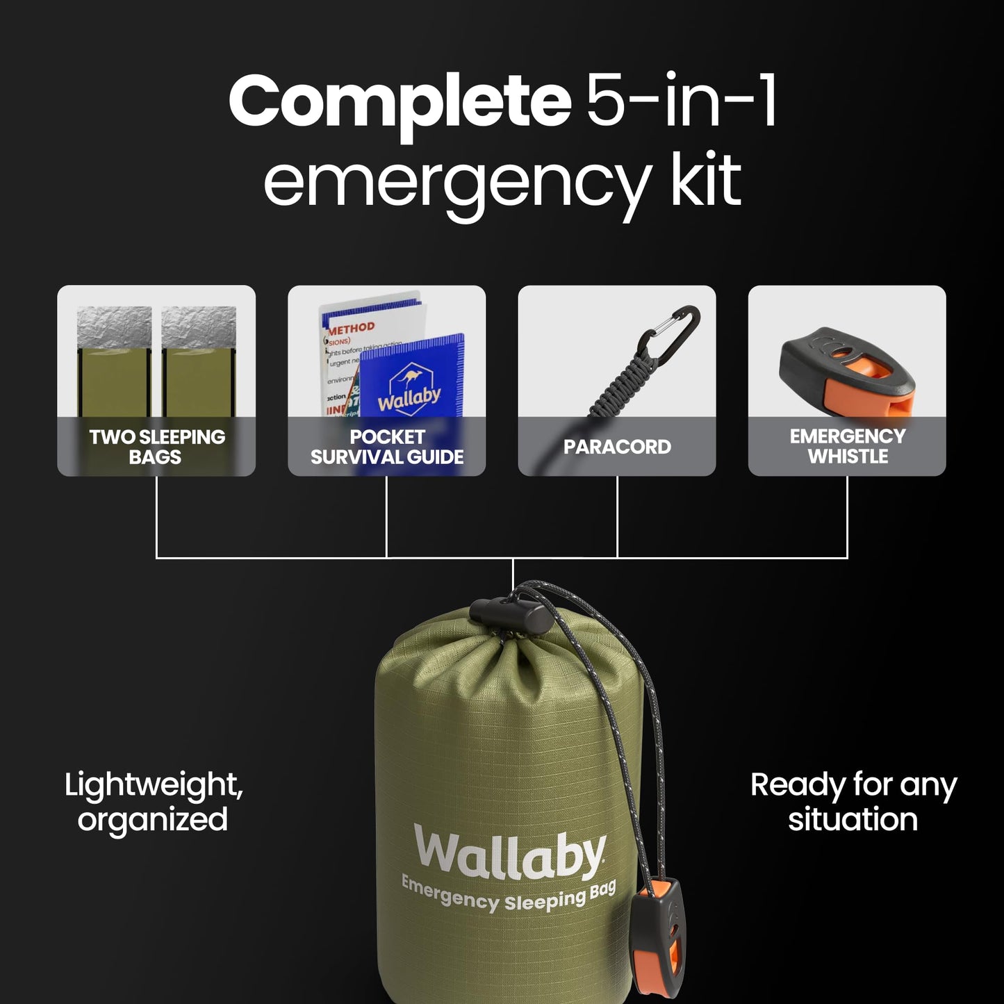 Wallaby 2-Pack Emergency Mylar Sleeping Bags with Nylon Pouches, Whistle Pull & Paracord with
