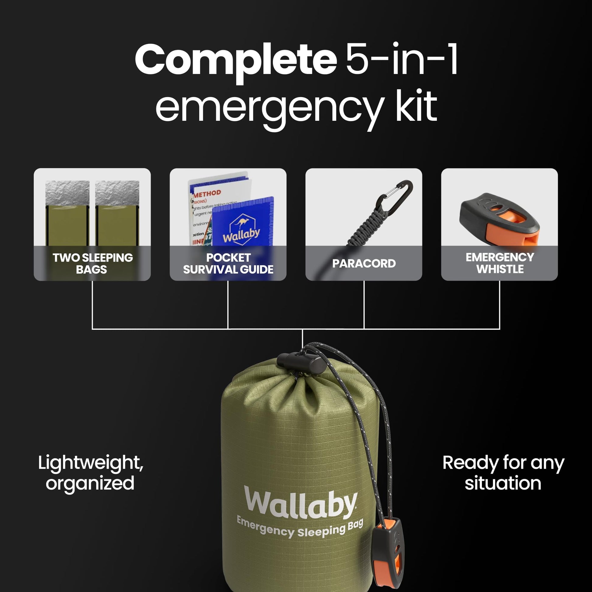 Wallaby 2-Pack Emergency Mylar Sleeping Bags with Nylon Pouches, Whistle Pull & Paracord with