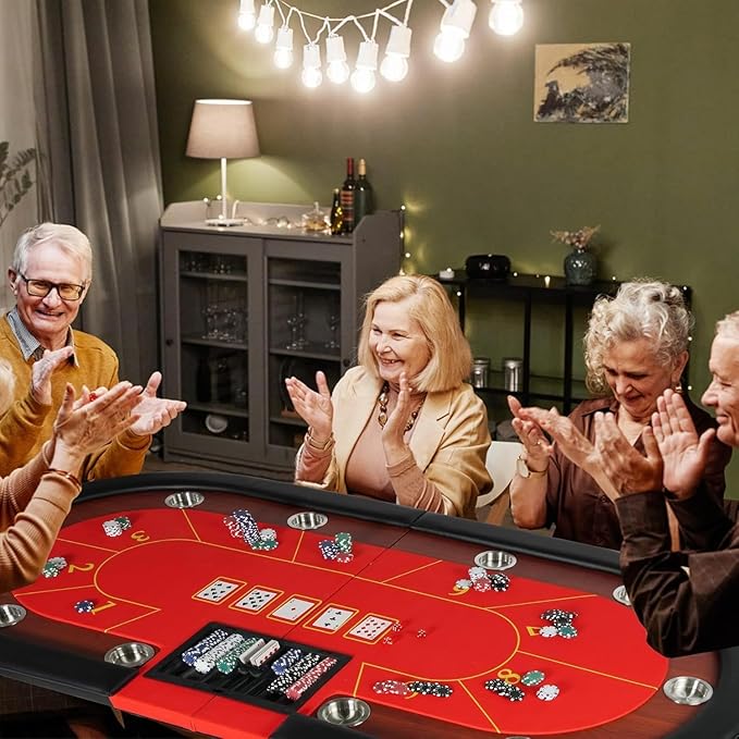 Premium 84" Oval Folding Poker Table – 10-Player Texas Hold’em with Cushioned Rails, Stainless Steel Cup Holders, Chips Tray, and Felt Surface for Blackjack and Casino Games (Red)