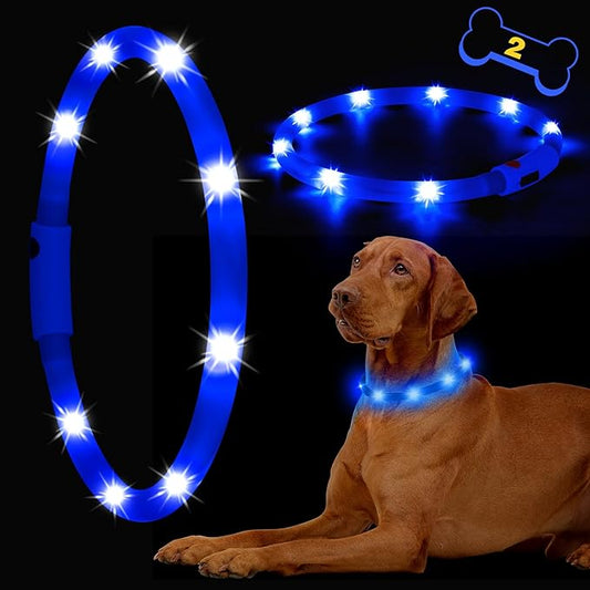 HIGO Light Up Dog Collar - 2-Pack Silicone LED Rechargeable, Safety Light, Glow in The Dark Lighted Necklace for Small Medium Large Dogs (Blue)