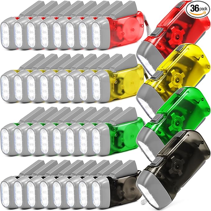 Treela 36 Pcs Hand Crank Flashlights Operation Christmas Bulk Items Squeeze Flashlight No Battery Required Torchlight 3 Powered Charging for Emergency(Red, Grey, Yellow, Green)