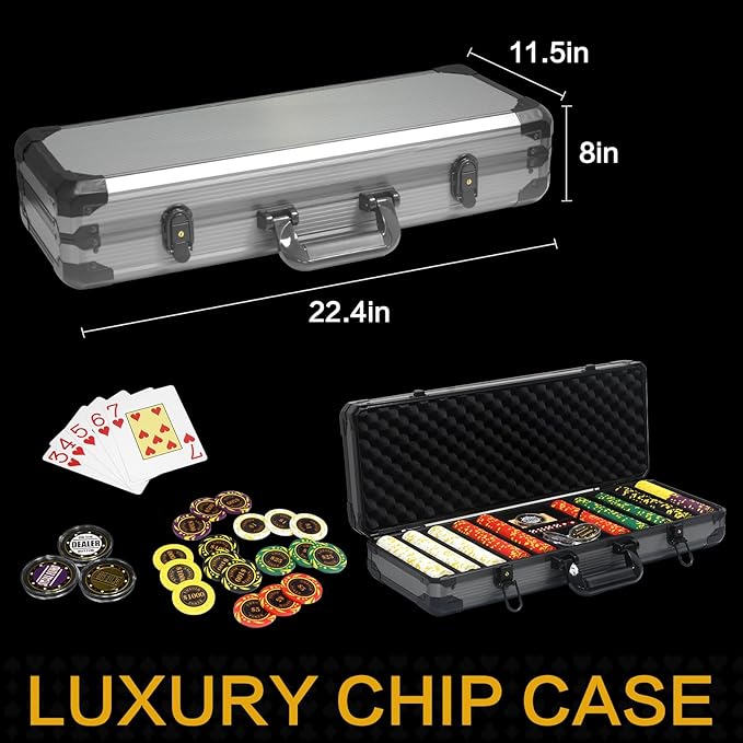 13.5 Gram Clay Poker Chip Set Texas Hold'em Casino Chips 2 Decks of Cards, Aluminum Case Dealer Buttons, for Blackjack Poker Games (500 PCE)
