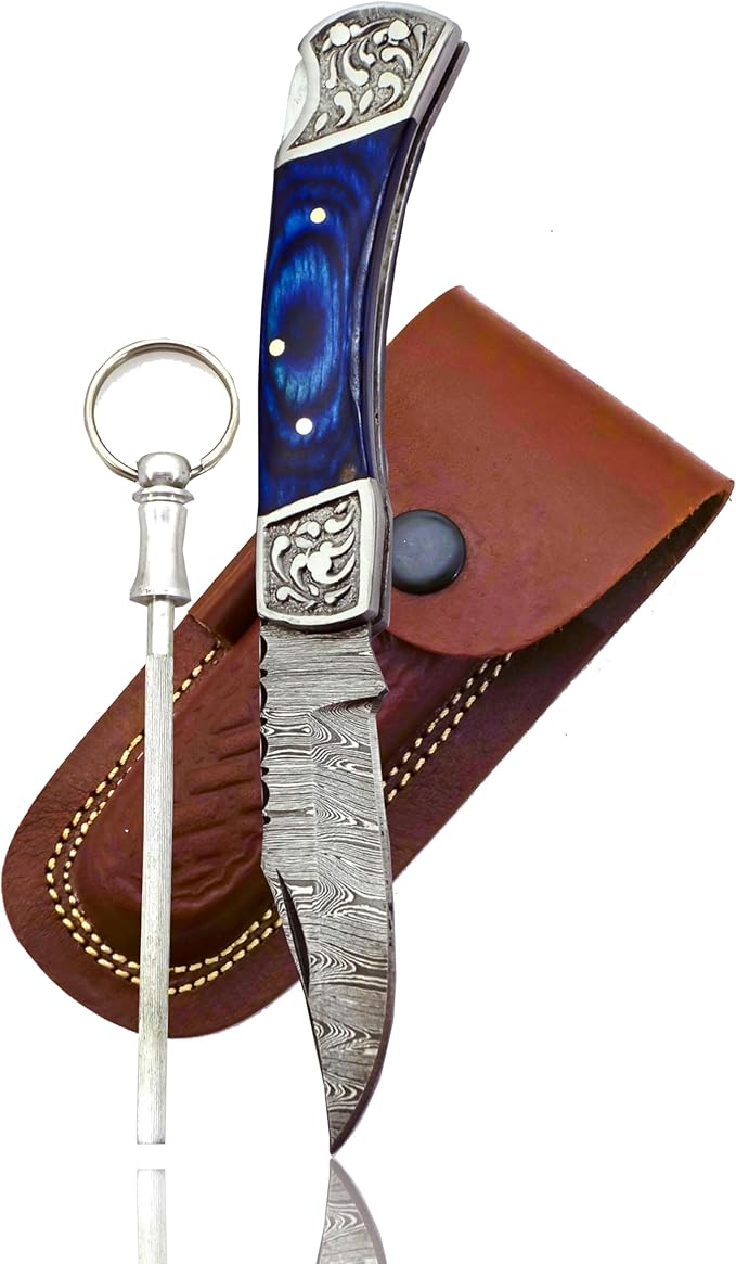 Handmade Damascus Pocket Knife for Men - 7.2 Inches Engraved Steel Damascus Folding Pocket Knife with Belt Holster - Pocket Knives & Folding Knives with Sheath & Back Lock - EDC Knife Pocket.(Blue)