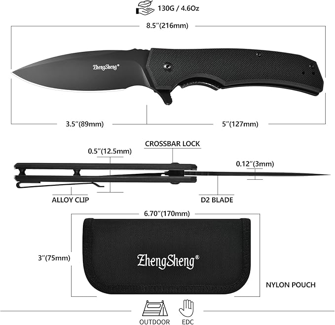 Praxis Folding Pocket Knife, 3.6" PVD Titanium Coating D2 Steel Blade Foldable Knife with G10 Handle Lightweight Camping Survival Hiking Knives