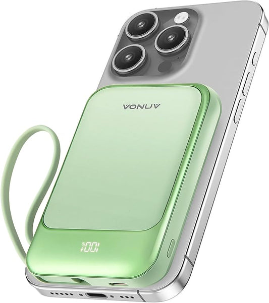 Magnetic Power Bank 10000mAh, Wireless Portable Charger with 15W Max Fast Charging & Built-in USB-C Cable, 22.5W PD LED Display Battery Pack Compatible with iPhone 16/15, Samsung Galaxy(Green)