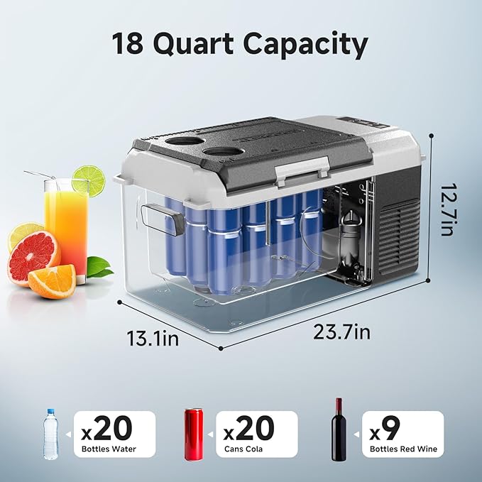 BODEGACOOLER 12 Volt Car Refrigerator, 18 Quart Portable Freezer, Car Fridge -4℉-68℉, Compressor Electric Cooler 12/24V DC100-240 Volt AC for Outdoor RV Camping Travel Vehicles Home Use, Black