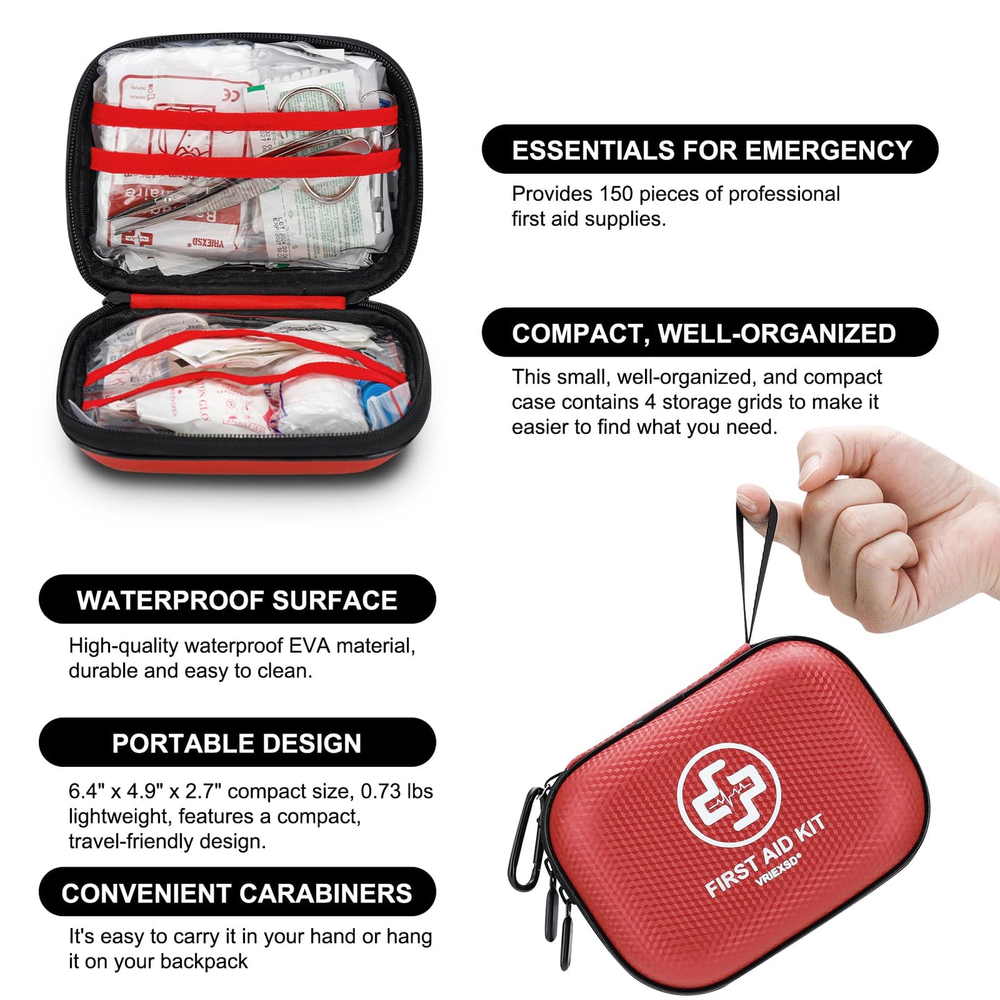 Mini First Aid Kit - 150 Piece Small Waterproof Hard Shell Medical Kit