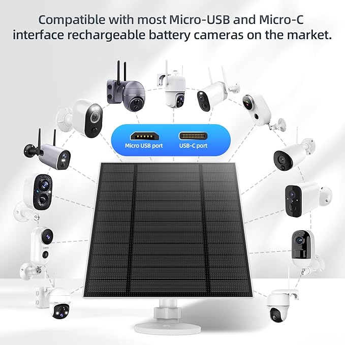 3PC 5W Solar Panel for Security Camera, Solar Panel with Micro USB & USB-C Port for DC 5V Outdoor Rechargeable Battery Camera, IP65 Waterproof, 360° Adjustable Security Mount, 9.8ft Cable