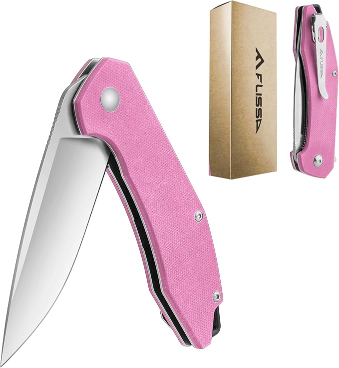 FLISSA Pocket Knife, Folding Tactical Knife with G10 Handle, D2 Blade, Liner Lock, Pocket Clip, EDC Knife for Hiking, Camping, Survival, Indoor and Outdoor Activities(Pink)