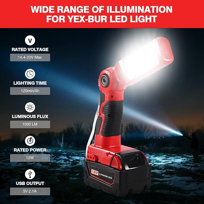 YEX-BUR LED Work Light Torch Compatible with Milwaukee 18v Battery, 12W 1000LM Flashlight with USB-A Charging Port Portable Outdoor Indoor Lights for Workshop,Garage,Camping,Emergencies