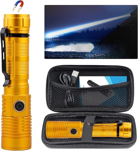 Rechargeable Flashlight High Lumens, High Lumens Super Bright Magnetic Flash Light, 1500 Meter Long-Range Zoomable LED Flashlights for Emergency, Waterproof Flashlight Dimmable, Gold,1PC