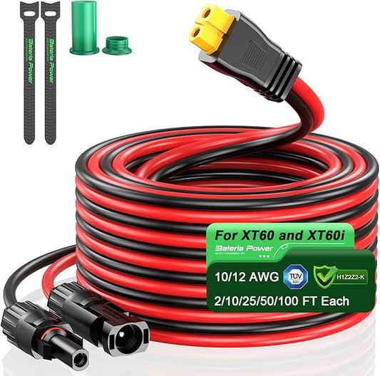 Bateria Power Solar to XT60 Charge Extension Cable with Solar Connectors Caps, Combined Wire Solar Connector to XT60 Adapter Cable for Solar Panel to Battery RV Power Station Generator 10AWG 25FT