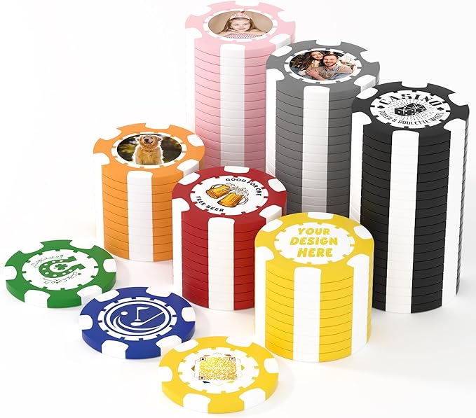 25 Custom Clay Poker Chips, 40mm Heavy 11.5g Casino Sized Personalized Poker Chips with Your Logo, Image or Text, Custom Drink Tokens for Bar, Party, Tournaments, Golf Club or Events