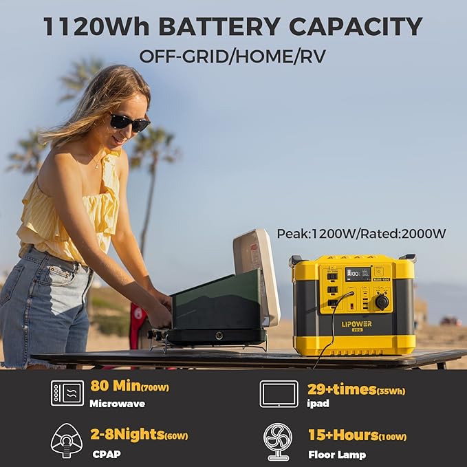 Lipower Solar Generator, 1120Wh Power Station 3 * 1000W AC Outlets(2000W peak), 60W USB-C Output, Generator for Camping, CPAP, Home Backup-Yellow