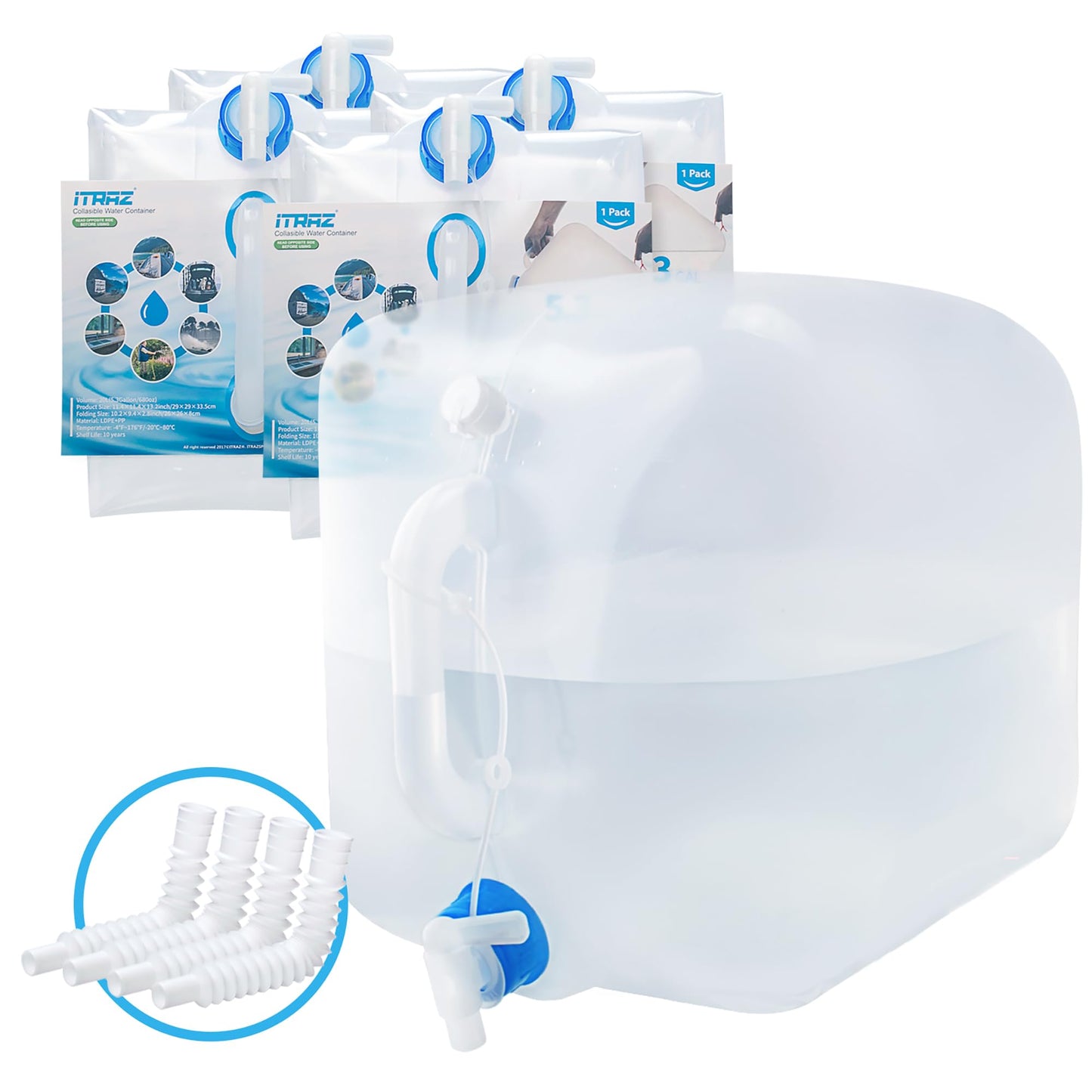 ITRAZ BPA-Free Collapsible Water Container with Spigot, 4-Pack 5.3 Gallon