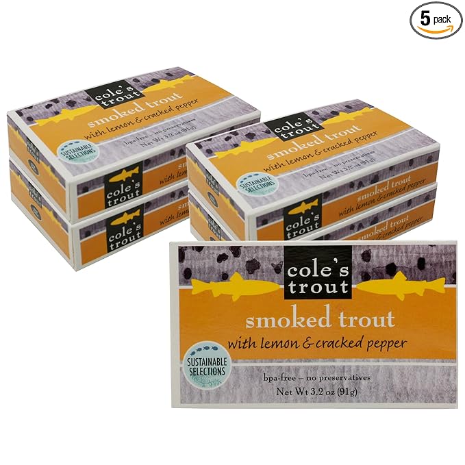 COLE?™S - Smoked Trout Fillet with Lemon & Cracked Pepper | 3.2oz Hand-Packed Canned Fish | High in Protein & Vitamin D | Preservative Free | Pack of 5