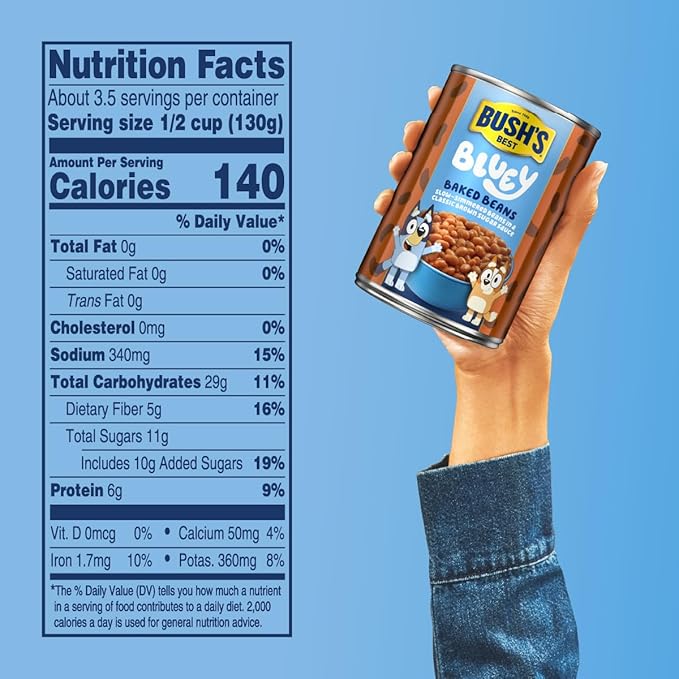 BUSH'S BEST 15.8 oz Canned Bluey Original Baked Beans, Source of Plant Based Protein and Fiber, Low Fat, Gluten Free, (Bluey), (Pack of 12)
