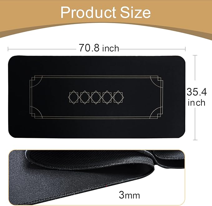 CONTINUE Poker Mat 8-10 Players Portable Table Top Black Wrap Texas Hold'em Poker Mat Rubber Layout with Carrying Bag for Games, Blackjack, Casino（70 x 35 Inch）