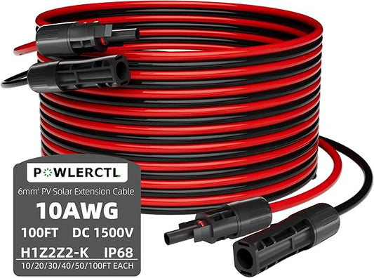 10 AWG 100Ft Solar Panel Extension Cable,6mm² PV Cable with Male and Female Waterproof Sealed Connectors,for RV, Home Boat Photovoltaic Systems