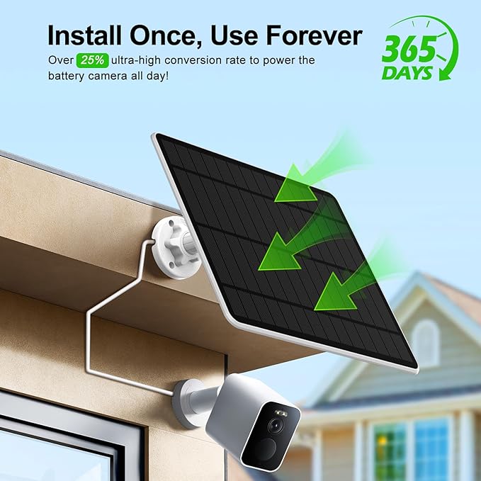 Solar Panel for Security Camera, 5W Solar Panel for Micro USB & USB-C & DC Port Outdoor Rechargeable Battery Camera, Camera Solar Charger with 10Ft Cable, 360° Adjustable Bracket, IP65 Waterproof