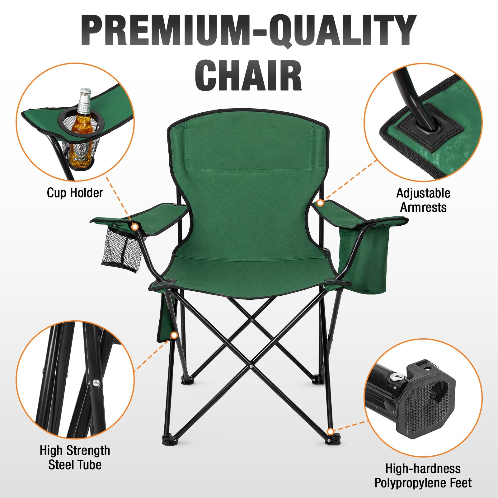 Kamglide 2-Pack Heavy Duty Camping Chairs, 400 LBS Capacity Folding Outdoor Chair with Cooler Bag &
