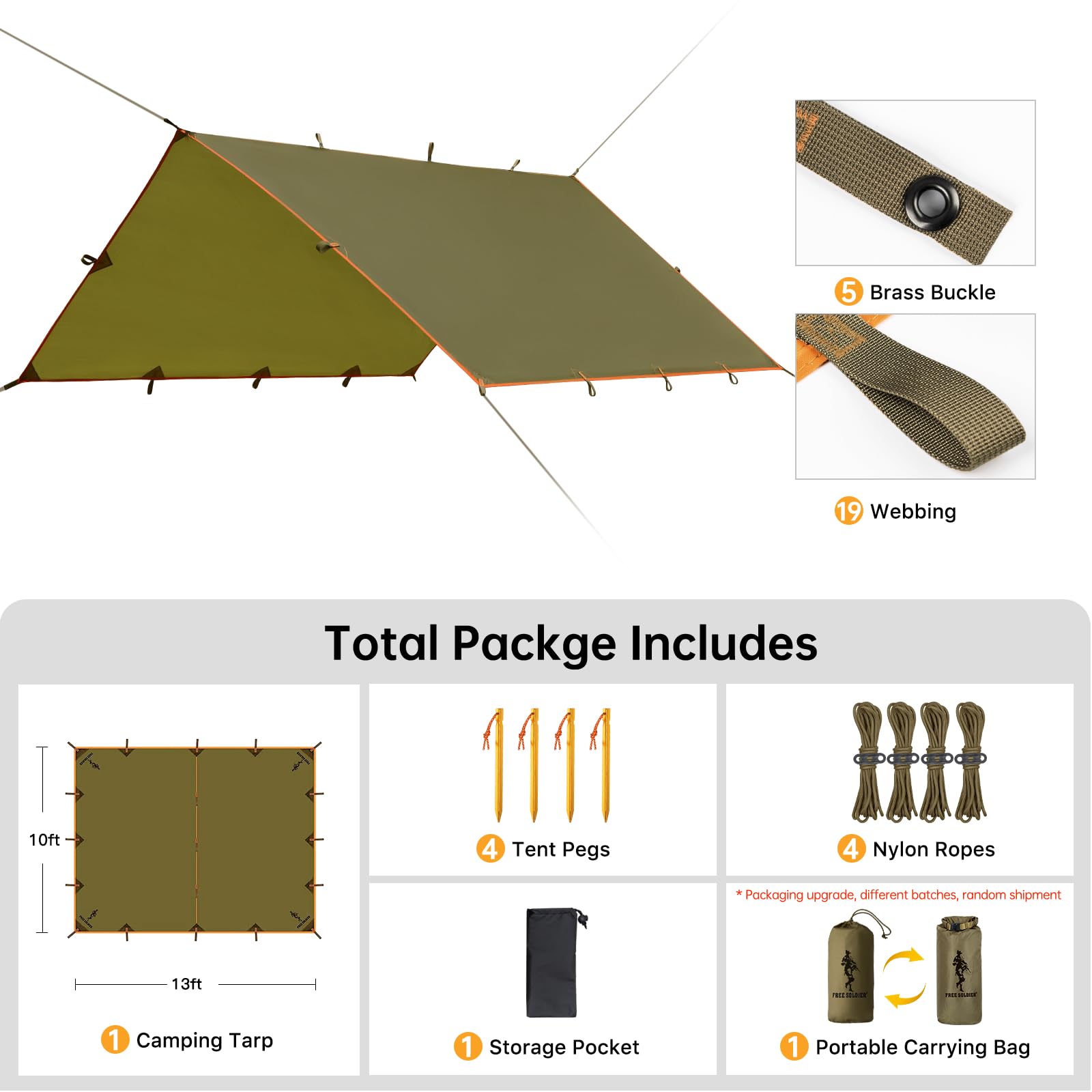 FREE SOLDIER Waterproof Camping Tarp Shelter Awning(Brown 10×13ft)