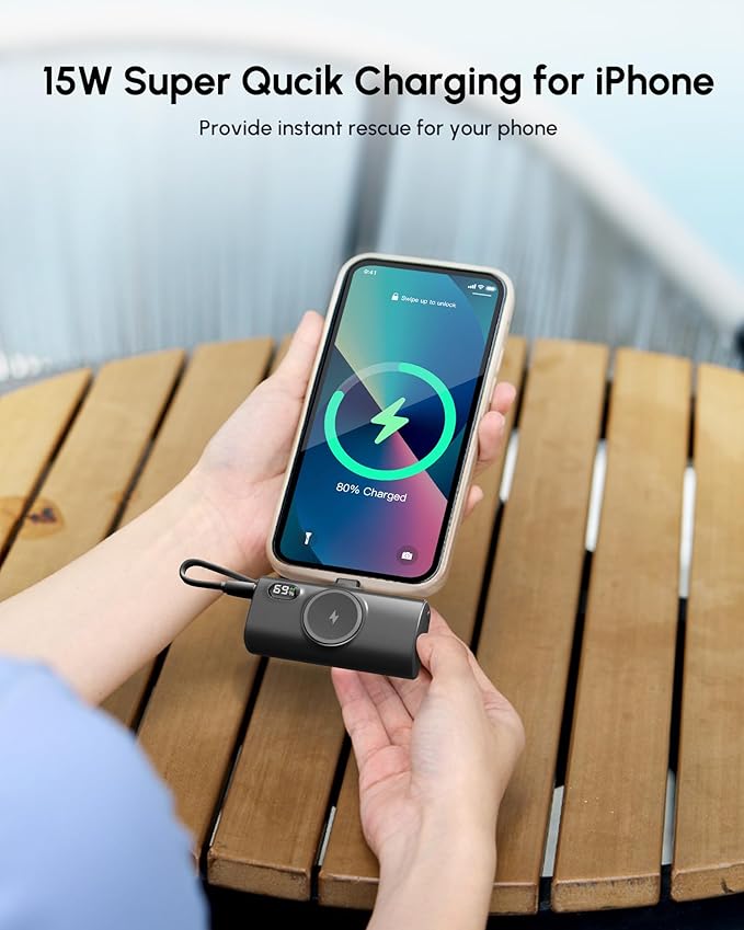 Black Power Bank 5000mAh with USB Type C Cable for iPhone Battery Charger Ultra-Compact Portable Charger for iPhone 14 Pro Max/12/13/15/16, Mini Back-up Power Battery for Lightning