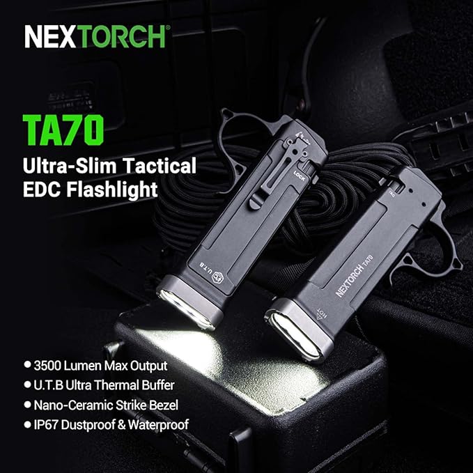 NEXTORCH TA70 EDC Tactical Flashlight,Flat Flashlight Rechargeable,3500 Lumens Tactical/Duty Dual-Switch LED Slim Flashlight with Stainless Clip for Outdoor Daliy Use Emergency