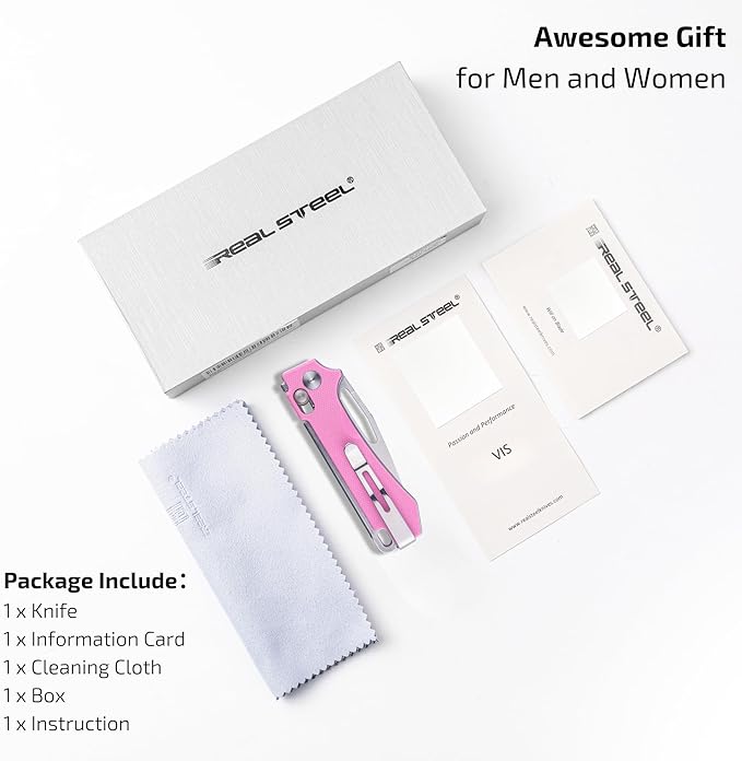 REALSTEEL VIS Pocket Knife, Folding Knife, Crossbar Lock, 2.72" Small 12C27 Steel Satin Plain Blade, Thumb Hole, G10 Handle, 1.94oz, Pocket Clip, Versatile Outdoor Indoor EDC Knife, Gifts for Men Women Camping Hiking Fishing Climbing (Pink G10/Satin)