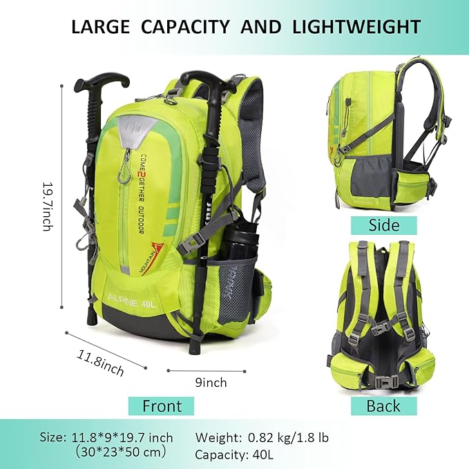 Hiking Backpack Camping 40L Outdoor Daypack Lightweight Travel Backpack with Rain Cover for Women Men (Green)
