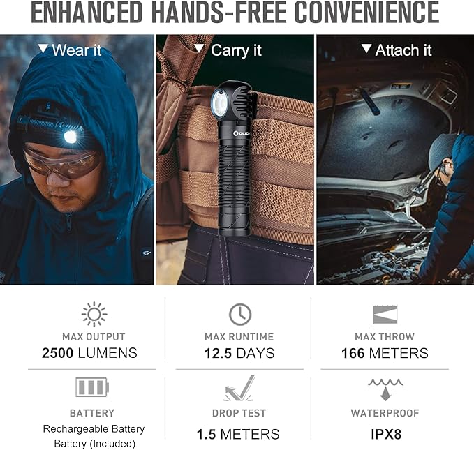 OLIGHT Perun 2 2500 Lumens Rechargeable Headlamp, Multi-Functional Right Angle MCC Waterproof Flashlight with Headband, Perfect for Night Camping, Hiking, Hunting(Black)