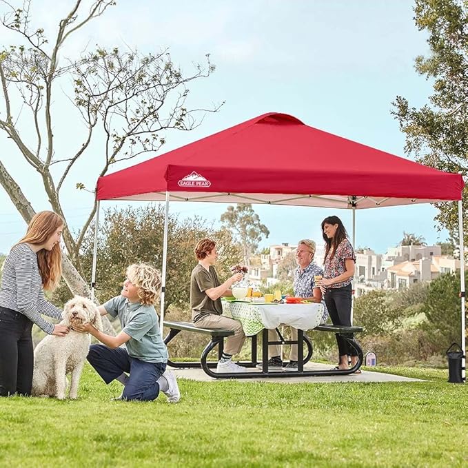 EAGLE PEAK Pop Up Canopy Tent with Wheeled Carry Bag, 8 Stakes, 4 Ropes, 4 Weight Bags, Easy Set Up Tent Canopy, 10x10 ft, 100sqft of Shade, Red