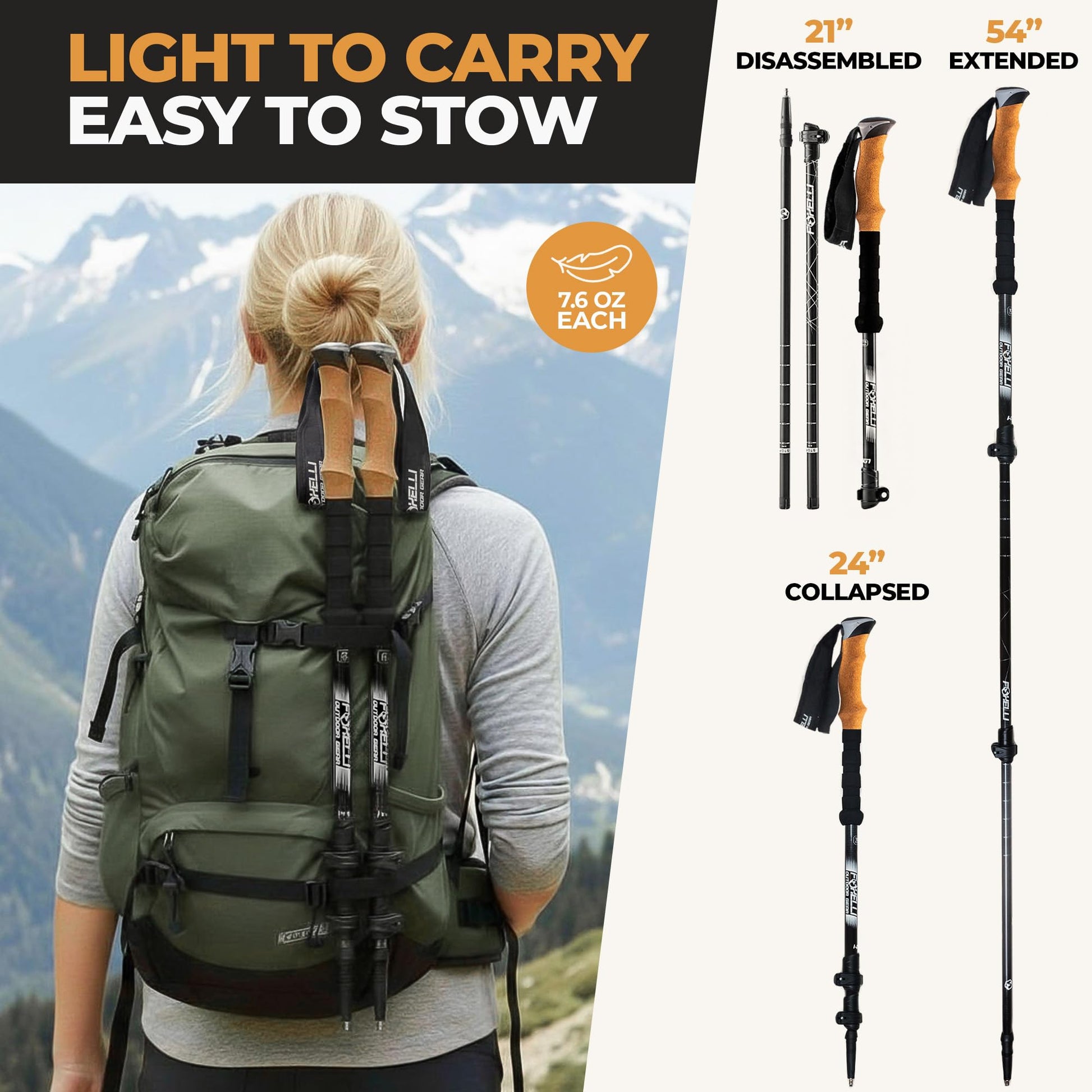 Foxelli Carbon Fiber Trekking Poles – Lightweight Collapsible Hiking Poles with Cork Grips, Quick