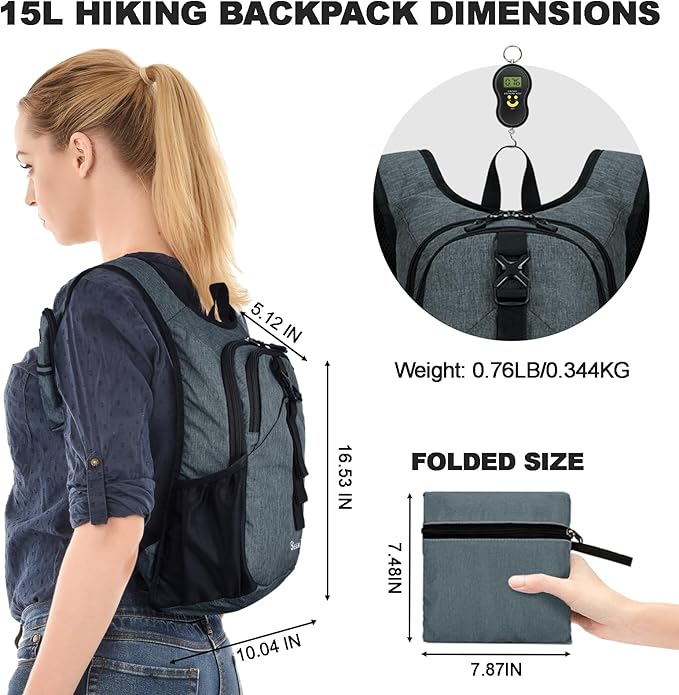 Seektop 15L Small Hiking Backpack for Women Men, Foldable Packable Backpack with Phone Pocket, Lightweight Travel Daypack for Hiking Camping Outdoor (Gray)