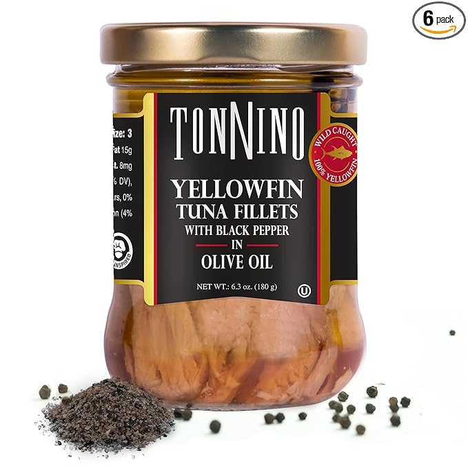 Tonnino Yellowfin Tuna Fish ??Pack of 6, Black Pepper in Olive Oil ??Pack of 6 ??Alternative to Salmon ??Protein Snacks ??Ready to Eat Meals