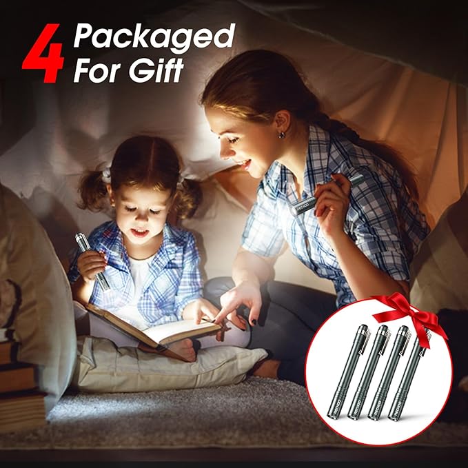 RECHOO LED Pen Light 4 Pack, Lightweight, Small Bright Pen Flashlight with Clip, Waterproof Portable Pocket Flashlight for Home, Emergencies, Inspection, Grey (Battery Included)