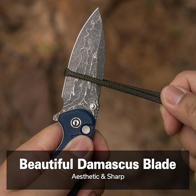 CIVIVI Triptych Folding Pocket Knife, 2.97" Damascus Blade Micarta Handle with Reversible Clip, Button Lock Knife for EDC Camping Hiking C23085B-DS1, Blue